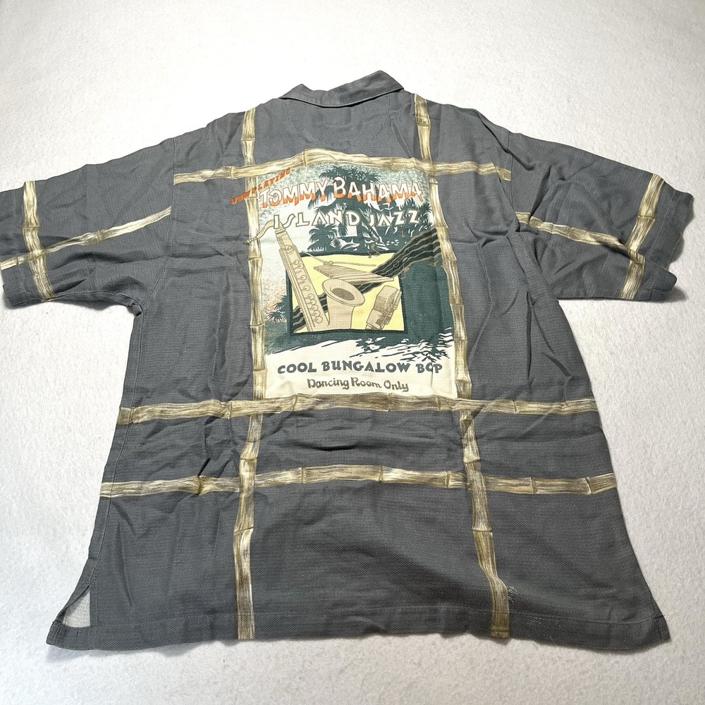 Tommy Bahama Shirt‎ Mens Large Jazz Club Saxophone Hawaiian Shirt Vintage Gray